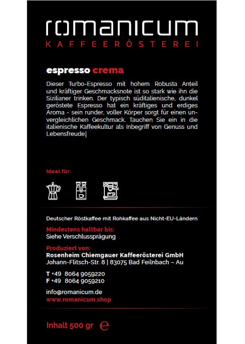 Espresso Crema, ganze Bohne, Romanicum