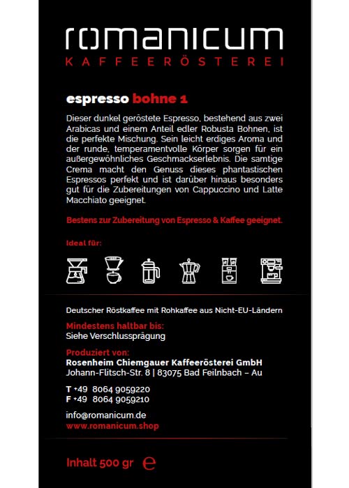 Espresso Bohne1, gemahlen, Romanicum
