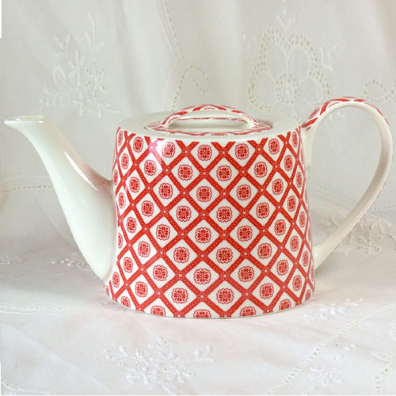 Teekanne Blümchen rot, rund, Brillianporzellan